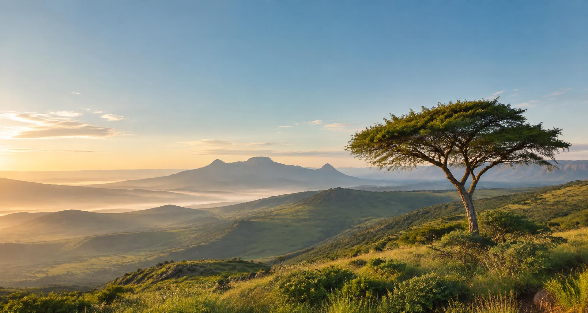 A thriving acacia tree overlooking South African green hills at sunrise